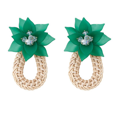 

Women Flower Water Drop Rattan Weave Charm Rhinestone Statement Stud Earrings