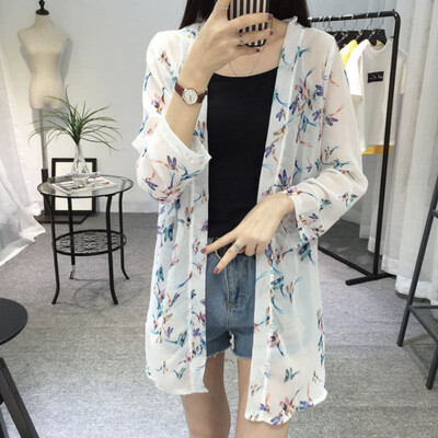 

Women Chiffon Kimono Cardigan Floral Printed Long Sleeve Blouse Summer Beach Cover Up Long Tops Boho Loose Ladies Shirts