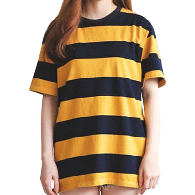 

School Women Yellow&Black Striped Round Neck T-Shirt Collar Loose Half Sleeve Casual Blouse Tops
