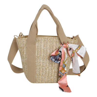 

Silk Decor Shoulder Handbags Women Straw Woven Crossbody Top-handle Bags