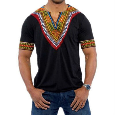 

African Tribal Shirt Men Short Sleeve Dashiki Print Succinct Hippie Top Blouse
