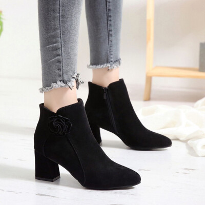 

Rose Womens Ladies Fashion Solid Flower Ankle Zipper Pointed Toe Casual Boots Shoes