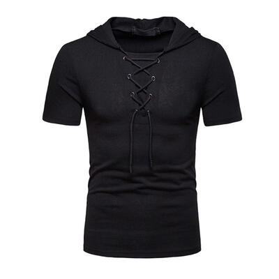 

Lace-up Hooded Cotton T-Shirt Loose Short Sleeve Tees Casual Tops For Men