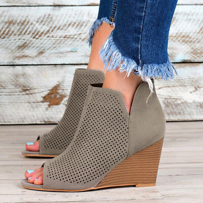 

Rose Womens Fish Mouth Casual Boots Square Pinhole Wedges Heel Ankle Short Booties