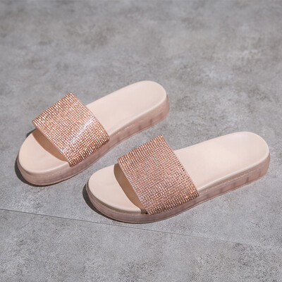 

Net red slippers women wear 2019 summer new rhinestones drag jelly bottom platform shoes increased ins super fire
