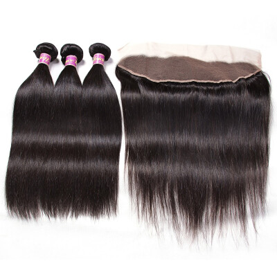 

13x4 Lace Frontal Closure With Brazilian Straight Human Hair Bundles Pre Plucked