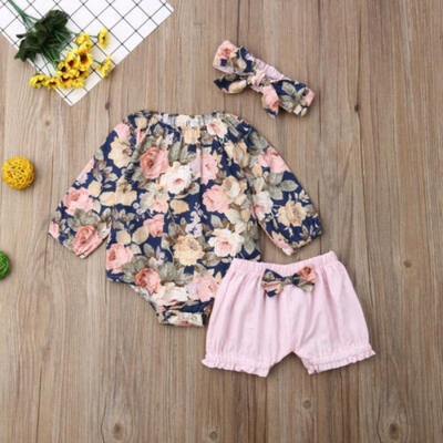 

UK Newborn Toddler Baby Girl Floral Romper Tops Short Pants 3PCS Outfits Clothes