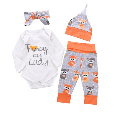 

Baby Clothing Set Newborn Baby Girl Jumpsuit Romper Fox Pants Headband Hat 4pcs Outfit