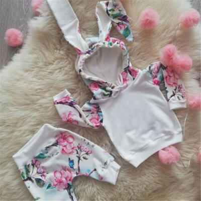 

US Infant Baby Girl Clothes Rabbit Ears Hooded SweatshirtFlower Pants Outfits