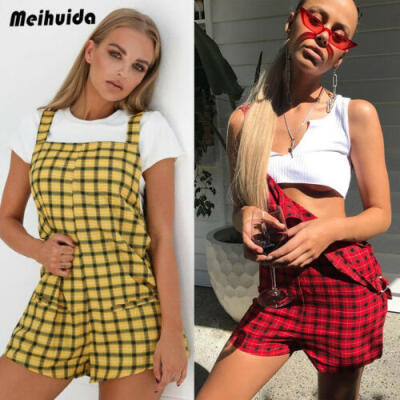 

Womens Summer Plaid Strap Romper Casual Jumpsuit Beach Shorts Suspender Overall