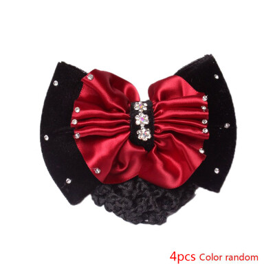 

4pcs Women Bow Rhinestone Barrette Hair Clip Cover Bowknot Net Bun Snood Occupational Head Flower Pattern Color Random