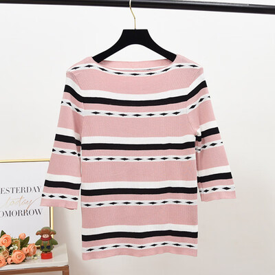 

Womens Sweater Autumn Stripe Slim Seven Sleeve Pullover Female O-Neck Winter Bottoming Knitwear Korean Knitted Sweaters