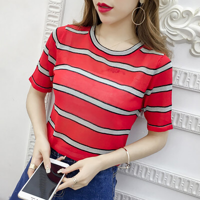 

Casual Womens Casual O Neck Striped Short Sleeve Thin Perspective Knitted Pullover T-Shirt