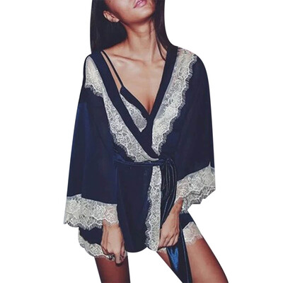 

Toponeto 1PC Women Sexy Silk Kimono Lace Lingerie Bathrobe Nightwear Bath Robe Nightgown