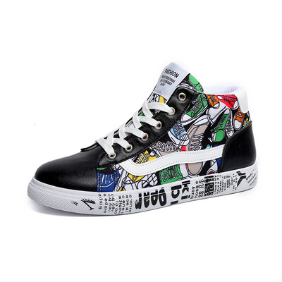 

2019 High-top Casual Shoes Men Trend Graffiti Vulcanized Shoes Male Breathable Sneakers Leather Flat Trainers Men Erkek Ayakkabi