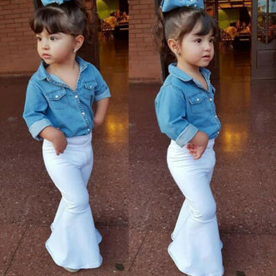 

US Newborn Baby Girl Denim Tops T-shirt Wide Leg Flared Bell Bottom Pants Outfit