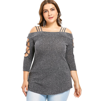 

Plus Size Three Quarter Sleeve Cold Shoulder Ribbed Knit T-shirt