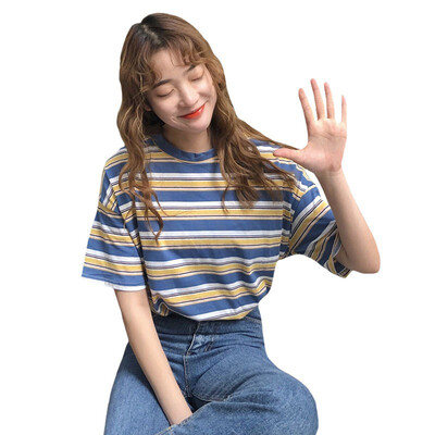 

Preppy Style Womens T shirts Rainbow Striped Short Sleeve T-shirt Cotton Tops Loose Tshirt