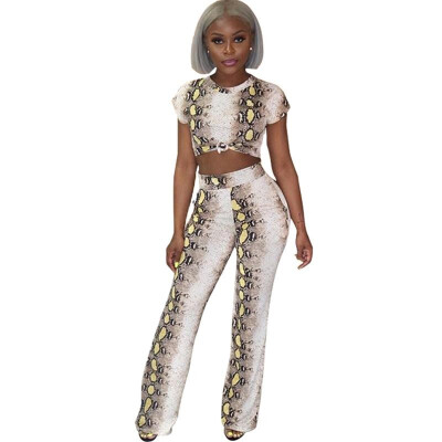 

Sexy Women Two Piece Set Snakeskin Print O Neck Short Sleeve Crop Tops High Waist Trousers Matching Outfits BlueYellow