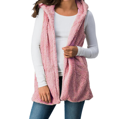 

Nomeni Women Lady Faux Fur Solid Hooded Outwear Sleeveless Pockets Warm Vest Waistcoat