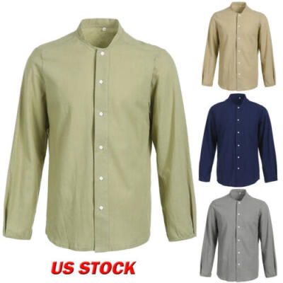 

Fashion Mens Summer Casual Dress Shirt Solid Long Sleeve Linen Shirts Tops Tee