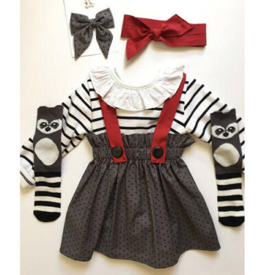 

US Newborn Toddler Baby Girl Stripe Party Princess Bib Strap Dress 2Pcs Clothes