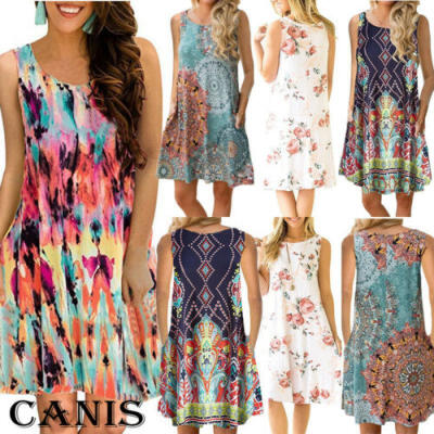 

US Summer Womens Sleeveless Beach Sun Dress Ladies Holiday Loose Boho Mini Dress