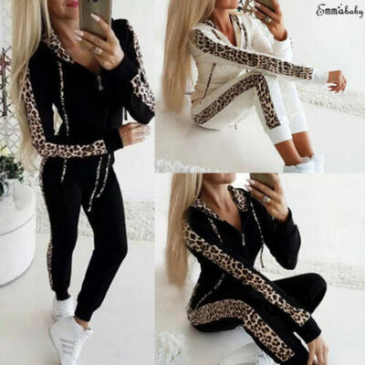 

Women Set Sport Suit Tracksuit Outfit Long Sleeve Leopard Print Sweatshirt 2pcs