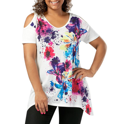 

Roseonmyhand Fashion Womens Plus Size Short Sleeve Cold Shoulder Floral Print T-shirt Tops