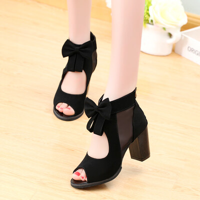 

Temperament fashion high heels sandals mesh rivets fish mouth rough heel abrasive skin 2018 summer single shoe tide