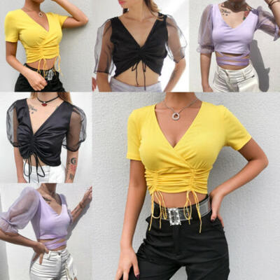 

New Women Slim Tank Tops Casual Crop Top Drawstring Short Sleeve T-Shirt Cami