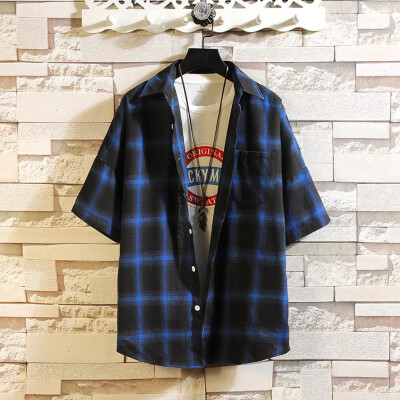 

Tailored Summer Fashion Short-sleeved Plaid Stitching Casual Mens Shirt Jacket Top Blouse