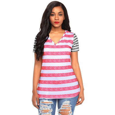 

V-neck short-sleeved contrast stripes stitching casual fashion blouse