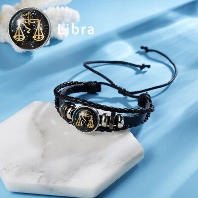 

12 Constellations Punk Leather Zodiac Sign Beads Bangle Bracelets For Women Men Jewelry Travel Bracelets Holiday Gift