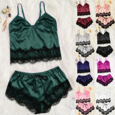 

Ladies Women Satin Lace Sleepwear Babydoll Lingerie Nightdress Pajamas Suit Sets