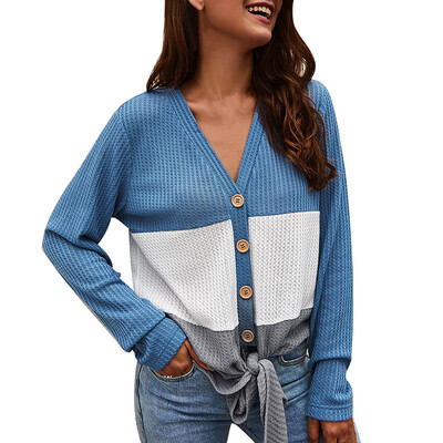 

V-neck Contrast Color Stitching V-neck Long-sleeved Button Slim Sweater Yellow