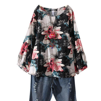 

Women Bohemian Loose Long-Sleeves O-Neck Cotton Floral Print Vintage Tops