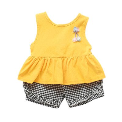 

Summer Baby Girls Casual Sleeveless Floral Design Vest TopsPlaid Shorts Suits Costume Set