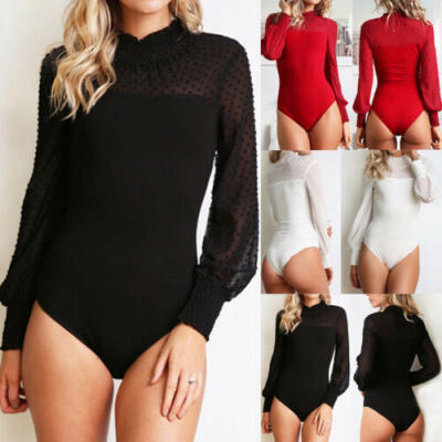 

Women Lace Jumpsuit Bodycon Bodysuit Leotard Top Romper Blouse Long Sleeve Shirt