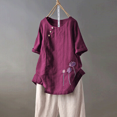 

Roseonmyhand Womens Cotton&Linen Plus Size Embroidery O-Neck Button Casual Blouse Tops
