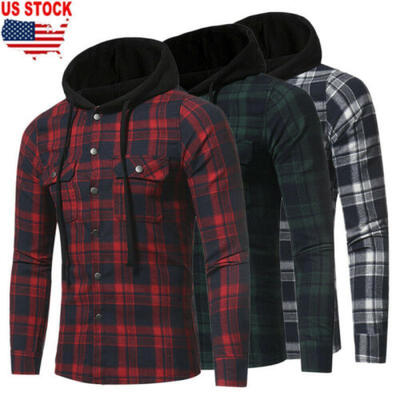 

Mens Long Sleeve Casual Check Print Cotton Flannel Plaid Shirt Hooded T-shirt