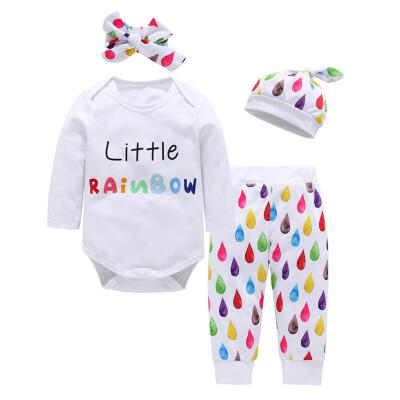 

4pcs Baby Cute Water Drop Letters Clothes Set Romper Pants Headband Hat