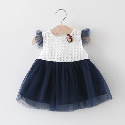 

Summer Girls Dress Cute Solid Color Mesh Stitching Kids Dress For Girls Flying Sleeved Sweet Princess Dress