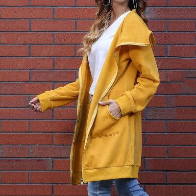 

Tailored Women Fashion Fall Warm Solid Long-sleeved Cap Sweatshirt Long Jacket Coat