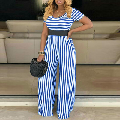 

Starmoon Women Casual O-Neck Striped Printed Short Sleeve Loose Long Jumpsuits