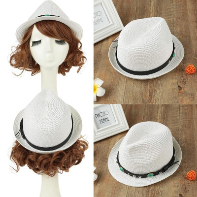 

Unisex Men Women Straw Fedora Hat Rivet Short Rolled Brim Retro Panama Style Trilby Cap Homburg White