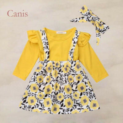 

UK Newborn Kids Baby Girls Flower Tops T-shirt Suspenders Skirt Dress Outfit try