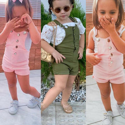 

US Stock Kids Girls Solid Bib Pants Mini Playsuit Dungaree Outfits Summer Romper
