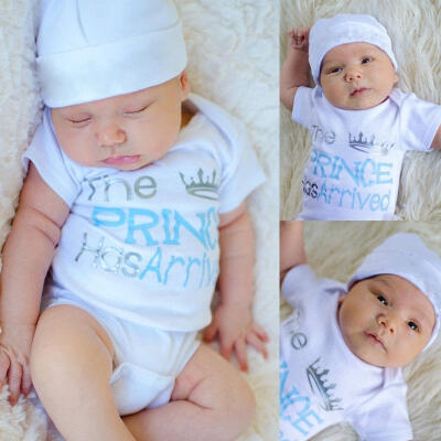 

The prince has arrived Newborn Baby Boys Cotton Outfits Clothes Romper Jumpsuit BodysuitHat 2Pcs Set