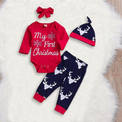 

4PCS Newborn Baby Boy Girl Christmas Deer Clothes RomperPantsHat Outfits Set